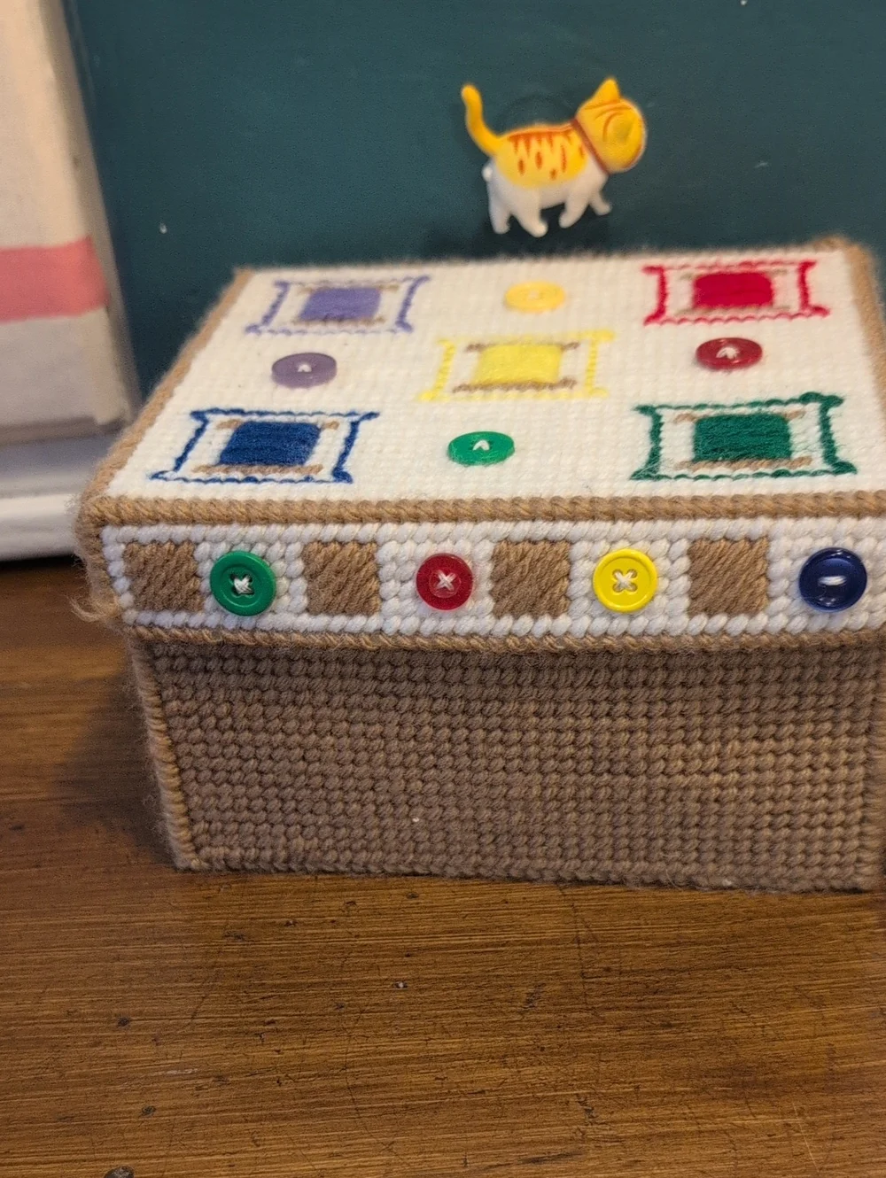 Vintage Handmade Plastic Canvas Sewing Storage Box Needlepoint Yarn Organizer